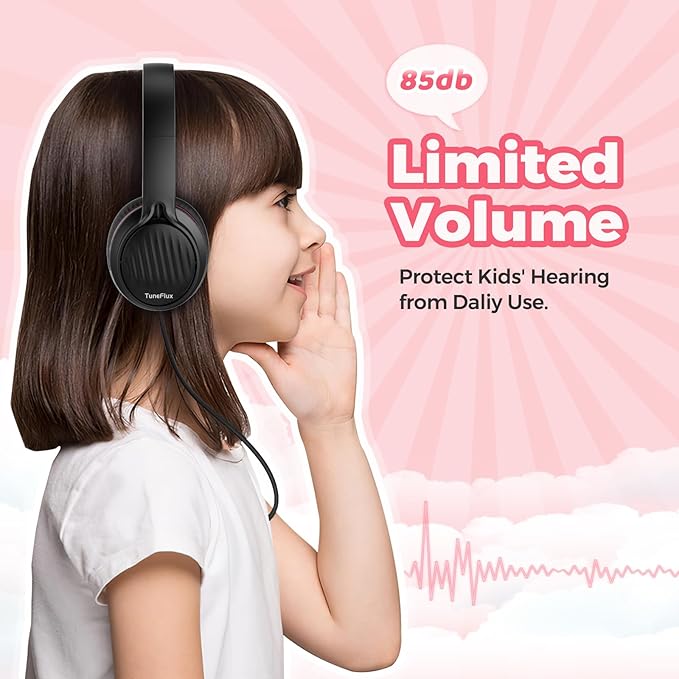 TuneFlux Upgraded Kids Headphones, Wired Toddler Headsets, 85dB Limited Volume On Ear Headphones, Portable Foldable Design, Stereo Sound Kids Headsets for School/Tablet/Travel-Black Red