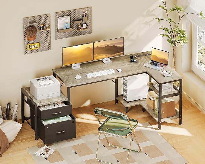 Casaottima L Shaped Desk with Drawers & File Cabinet, 63 Inch Computer Desk with Storage Shelves & CPU Stand, Corner Desk with Power Outlets, Reversible L Desk for Home Office, Grey