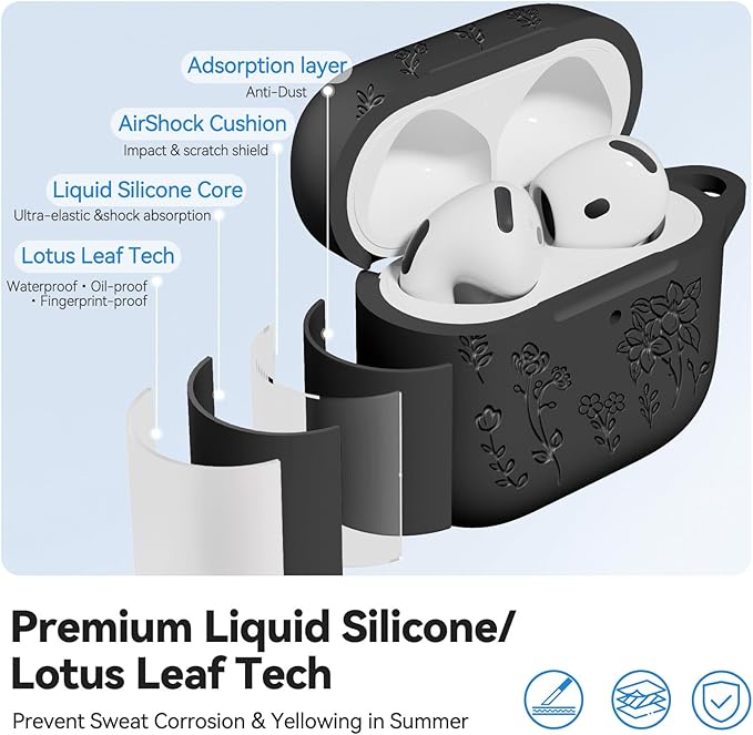 for AirPods 4 Case, Soft Silicone Flower Engraved Airpod 4 Cases with Qute Keychain & Cleaning Kit, Compatible with AirPods 4th Generation 2024 Cover for Women Girly, Anti-Scratch, Shockproof