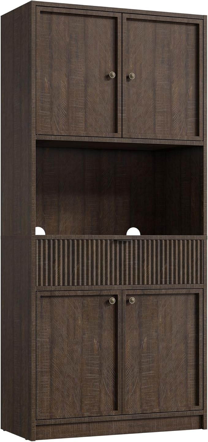 Garvee Tall Kitchen Pantry Cabinet, 70 in Pantry Storage Cabinet with Countertop, Fluted Kitchen Hutch Cabinets with Doors and Drawer, Freestanding Cupboard for Dining Room, Living Room, Brown