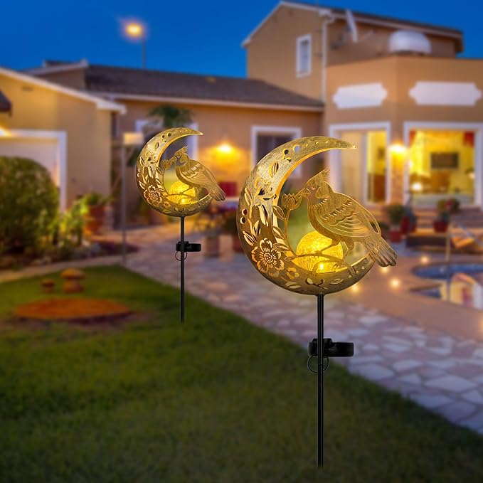 JOBOSI Solar Moon Cardinals Garden Light, Moving Moon & Cardinals Stake Decor for Yard, Lawn, Gifts for Women Mom Grandma, Christmas, New Year Decor Gift