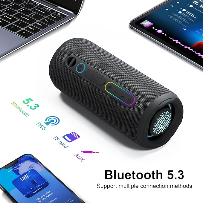 Small Portable Bluetooth Speaker, 24W Deep Bass, RGB Lights, IPX7 Waterproof, TWS Pairing, 12H Playtime, Outdoor Speaker for Travel, Party, Biking (Black)