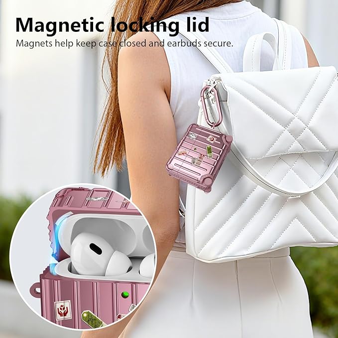 KOREDA Compatible with AirPods Pro 3 Case Cover, Cute Funny Suitcase Design Case for AirPods Pro 3rd Generation, Fashion Protective Hard Case for Women Men with Keychain and Cleaner Kit (Rose Gold)