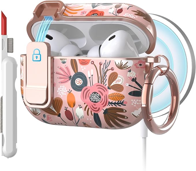 TATOFY for AirPods Pro 3rd (2025) Generation Case with Lock Carabiner Cleaner, Slim AirPod Pro 3 Hard Case Cover, Compatible with MagSafe (Pink)