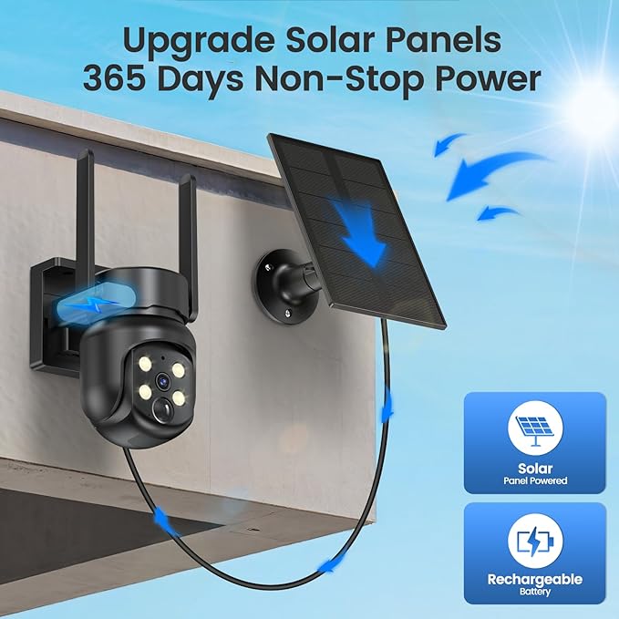 2.4G/5G WiFi 6 Wireless Outdoor 360° View Security Camera, 2K, Solar Powered 4MP, Color Night Vision, AI Human Detection, Pan/Tilt, Spotlight & Siren, 2-Way Talk, Cloud/SD Storage, IP65