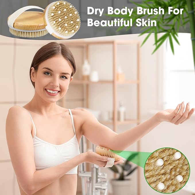 Gejoy 5 Pcs Dry Brushing Body Brush for Lymphatic Drainage Exfoliating Brush with Massage Nodule Dry Skin Body Scrubber Cellulite Shower Circulation Dead Exfoliator (4.3 x 4.3 Inches,Wood Color)