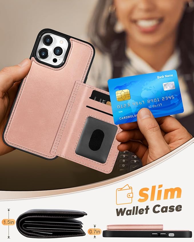 for iPhone 12/12 Pro Case with Wallet - Fits 4 Card Slots,Compatible with MagSafe for Women Aesthetic Durable PU Leather Credit Card Holder Kickstand Phone Cover for Apple 12/12 Pro, Rose Gold
