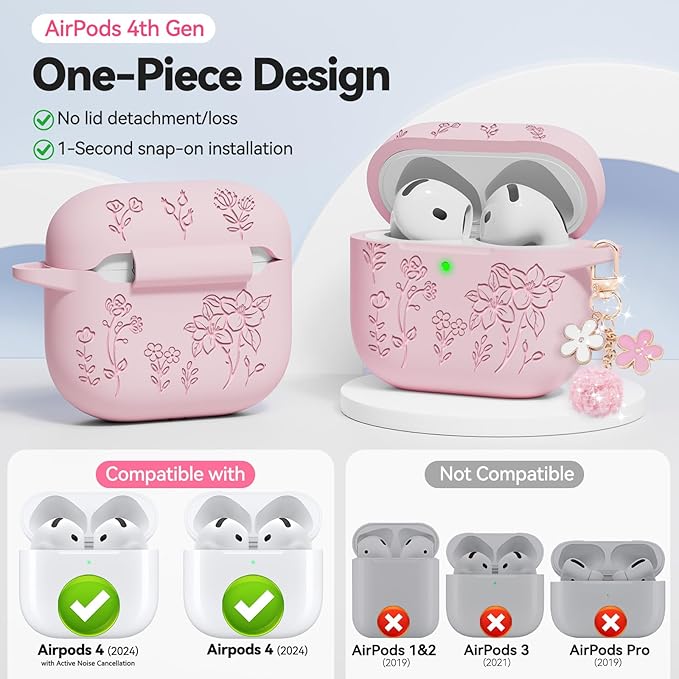 for AirPods 4 Case, Soft Silicone Flower Engraved Airpod 4 Cases with Qute Keychain & Cleaning Kit, Compatible with AirPods 4th Generation 2024 Cover for Women Girly, Anti-Scratch, Shockproof