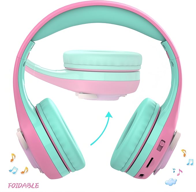 Riwbox CB-7S Kids Wireless Headphones,with Safe Volume Control 74/85/95dB,LED Glow Lights,50H Playtime,Bluetooth V5.3,Built-in Mic, TF Card Slot,for Travel/School/Phone/Laptop (Pink&Green)