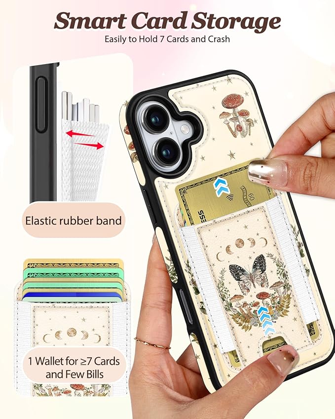 Shorogyt for iPhone 16 Wallet Case - Fits 5 Cards, Compatible with Magsafe Detachable Magnetic Credit Card Holder Leather Cardholder Cute Phone Cover Women Girls for Apple 16, Moon Butterfly