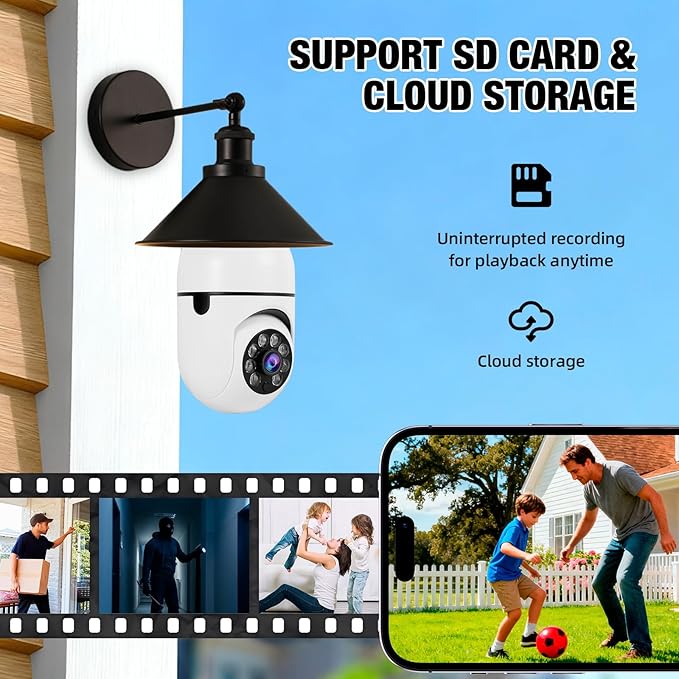 Light Bulb Security Camera, 2.4G WiFi 2K Security Cameras Wireless Outdoor Motion Detection & Alerts, Two-Way Audio, Human Detection, Color Night Vision, Bulb Camera Work with Alexa (with 64G TF card)