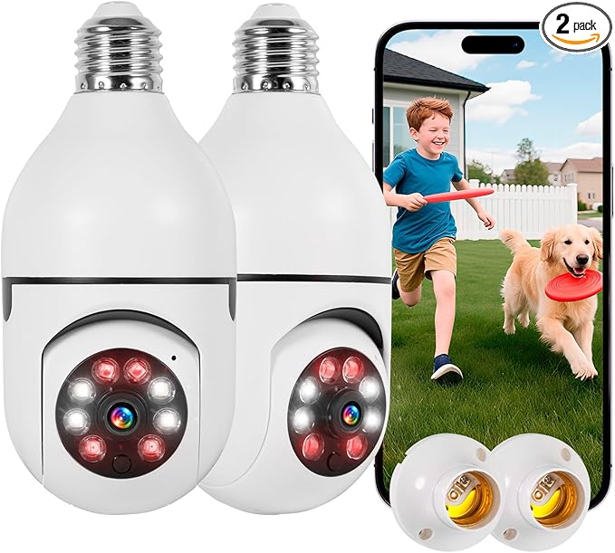 KERUI Light Bulb Security Camera, 2.4G WiFi 2K Security Cameras Wireless Outdoor Motion Detection & Alerts, Two-Way Audio, Human Detection, Color Night Vision, Bulb Camera Work with Alexa (2-Pack)