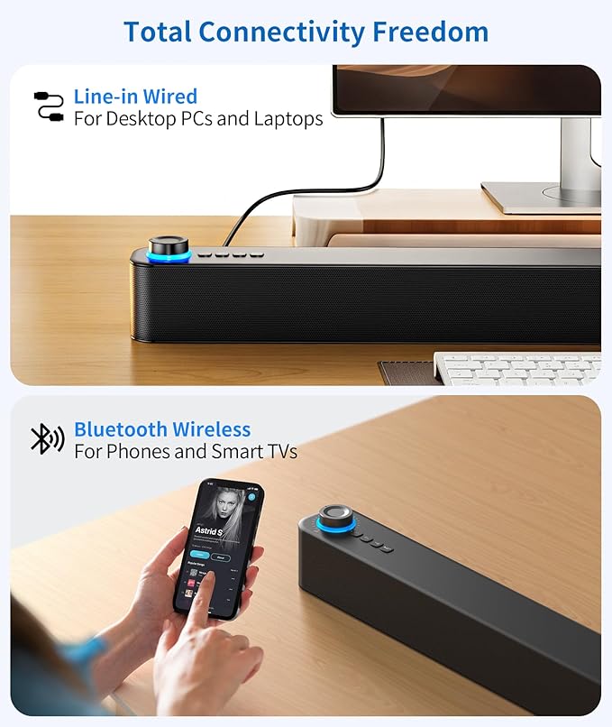 Desktop PC Speakers, Bluetooth Soundbar, 3600mAh Battery for 20Hrs Wireless Playback, Wired/Wireless Speaker for PCs, Phones, TVs, Laptops