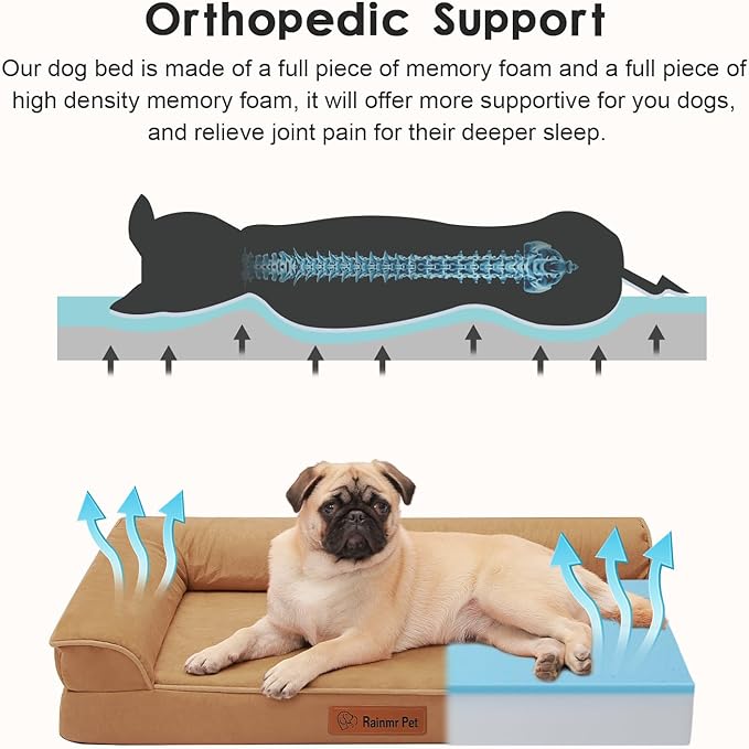 Orthopedic Memory Foam Dog Bed, Removable Washable Microsuede Cover, TPU Waterproof Liner, Nonskid Bottom, for Indoor, Outdoor, Crate ＆ Car Use, 35x23x6 Inches, Khaki