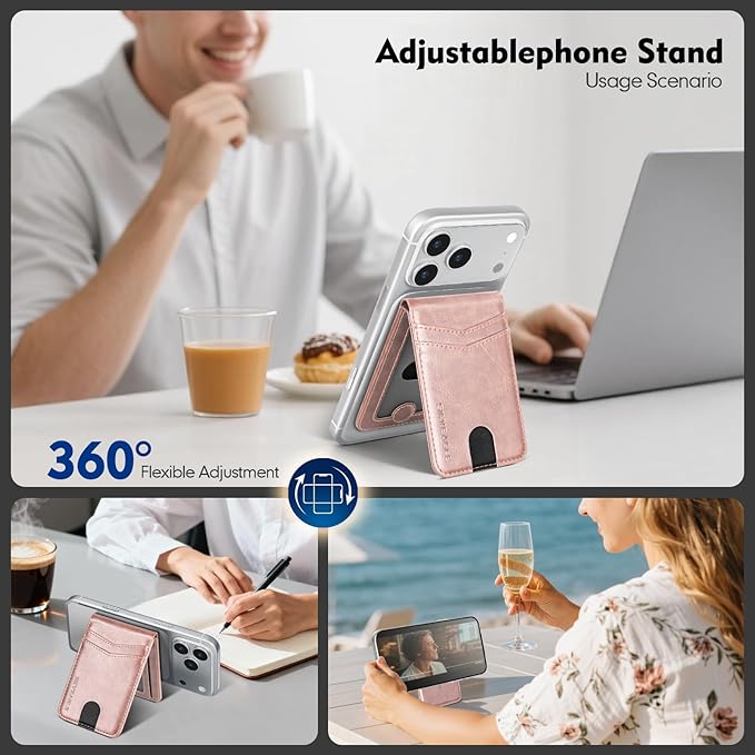 Compatible with Magsafe Case with Card Holder for Men Women Magnetic Ultra-Thin Wallet Bracket Adjustable Bracket for iPhone 17/16/15/14/13/12 Pro/Pro Max/PlusSeries,Rose Gold