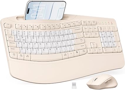 Wireless Keyboard and Mouse Combo, Ergonomic Wave Keys(Milk Tea-B)