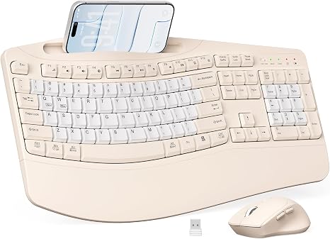 Wireless Keyboard and Mouse Combo, Ergonomic Wave Keys(Milk Tea-B)