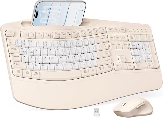 Wireless Keyboard and Mouse Combo, Ergonomic Wave Keys(Milk Tea-B)