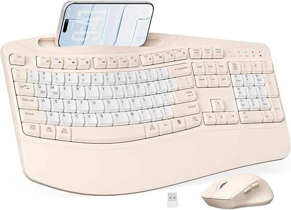 Wireless Keyboard and Mouse Combo, Ergonomic Wave Keys(Milk Tea-B)