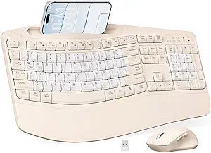 Wireless Keyboard and Mouse Combo, Ergonomic Wave Keys(Milk Tea-B)