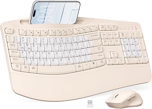 Wireless Keyboard and Mouse Combo, Ergonomic Wave Keys(Milk Tea-B)