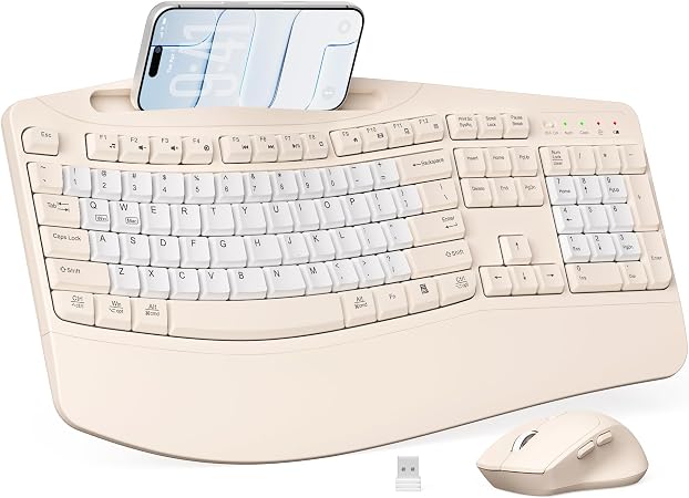 Wireless Keyboard and Mouse Combo, Ergonomic Wave Keys(Milk Tea-B)