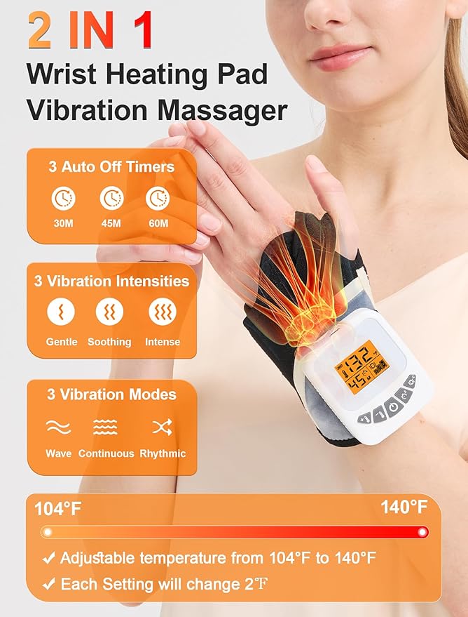 CAMECO 5000mAh Rechargeable Heated Wrist Massager for Carpal Tunnel, 104℉ - 140℉ Cordless Wrist Heating Pad with Massage for Arthritis Pain Relief, Vibration Heated Wrist Brace Wrap for Women & Men
