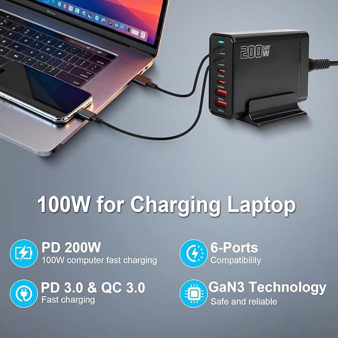 200W USB C Charger, GaN Ⅲ PD 100W 6-Port Charging Station for Multiple Devices, Portable Laptop Fast Charging, Adapter for iPad iPhone 17 16 15 14 13 12, MacBook Pro Galaxy, 5ft Cord