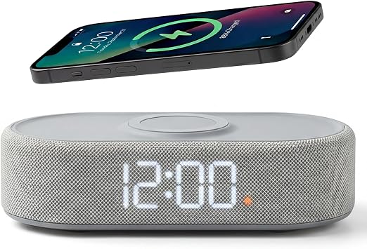 Fabric Digital Alarm Clock for Bedroom, Wireless Charging, Grey
