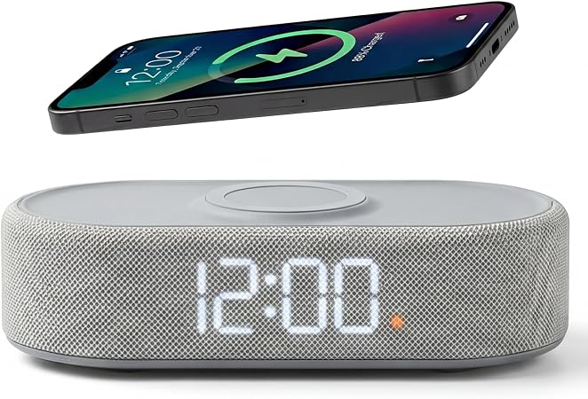 Fabric Digital Alarm Clock for Bedroom, Wireless Charging, Grey