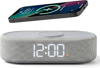 Fabric Digital Alarm Clock for Bedroom, Wireless Charging, Grey - Image 1