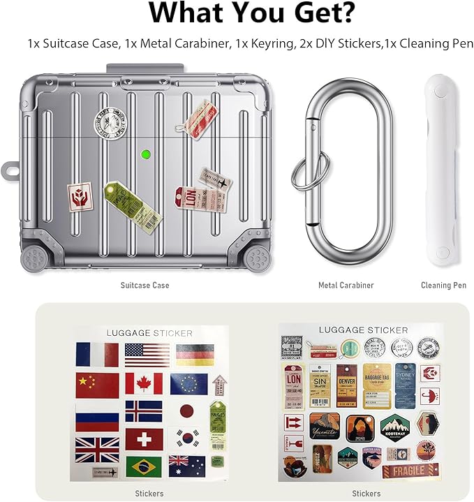 Filoto Compatible with AirPods Pro 3 Case, Cute Fashion Suitcase Design for AirPods Pro 3rd Generation Case Cover, Shockproof Protective Hard Case with Keychain/Cleaner Kit (Silver)