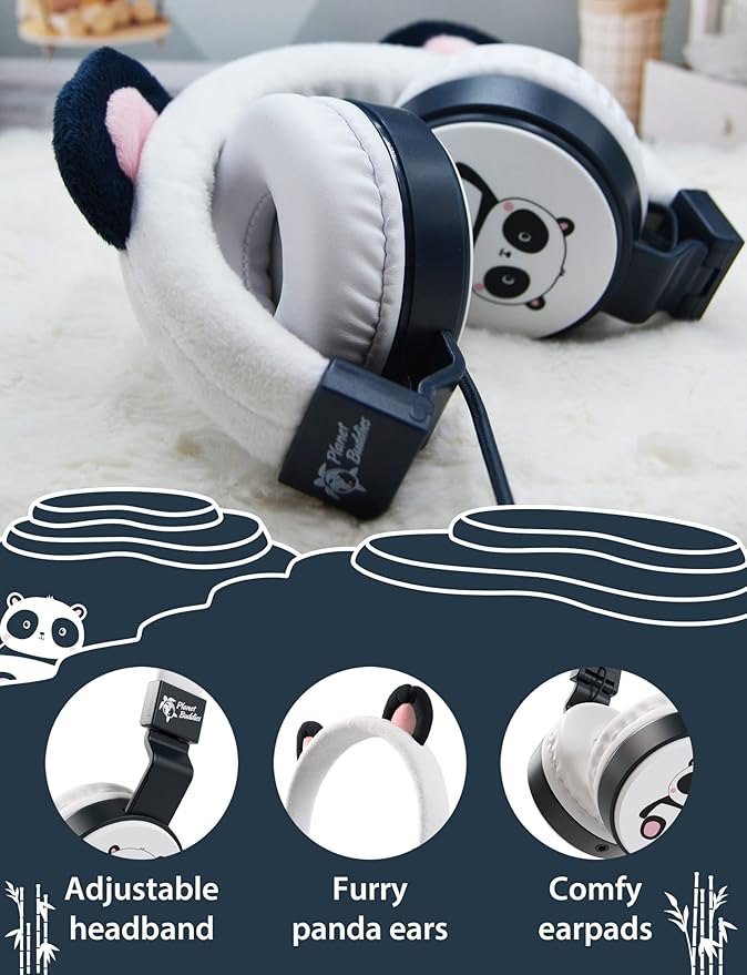 Planet Buddies Kids Headphones for School Travel, Safe Volume Limited, HD Mic Stereo Sound On-Ear Girls Boys Headphones for Kid, Foldable 3.5mm Wired Kids Earphones for iPad Computer - Furry Panda