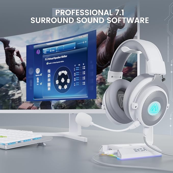 EKSA USB Gaming Headset for PC, Computer Gaming Headphones with Detachable Microphone Noise Cancelling, 7.1 Surround Sound, 50MM Driver, Wired Headset for PS4 PS5, Xbox One, Laptop (White)