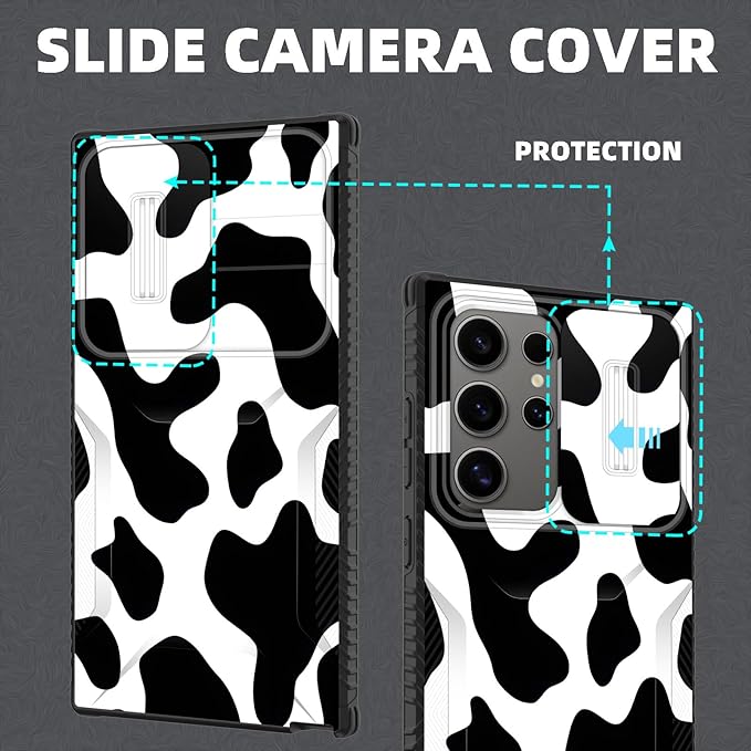 for Galaxy S25 Ultra Case Built in Slide Camera Lens Cover,Heavy Duty Shockproof Protection Dual Layer Case for Samsung Galaxy S25 Ultra 6.9" 2025,Cow Print