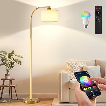 Floor Lamp for Living Room with Remote,Dimmable Tall Standing Lamps,Modern Floor Light with Smart RGB Bulb,App Control,3 Color Temperatures,Fabric Shades,Gold Floor Lamp for Bedroom Office Corner