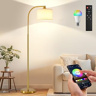 Floor Lamp for Living Room with Remote,Dimmable Tall Standing Lamps,Modern Floor Light with Smart RGB Bulb,App Control,3 Color Temperatures,Fabric Shades,Gold Floor Lamp for Bedroom Office Corner - Image 1