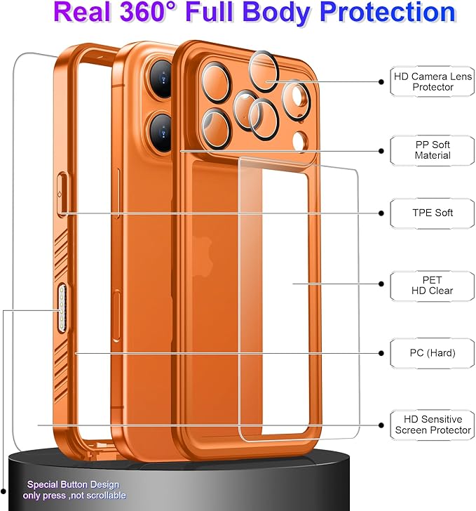 Temdan Compatible with iPhone 17 Pro Max Case,Waterproof Built-in Screen & Camera Protector IP68 Underwater Full Body 17FT Military Dropproof Shockproof Phone Case 6.9"-Orange/Clear