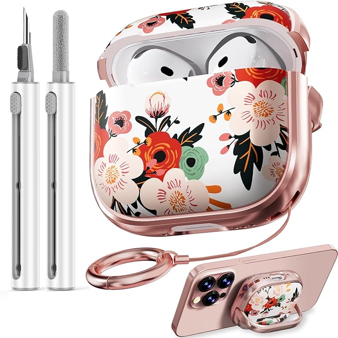 Inesore with Safety Lock for AirPods 4 Case,Clear Floral Cute AirPod 4th Generation Case for Women Girly with Cleaner Kit and Keychain-White Peony