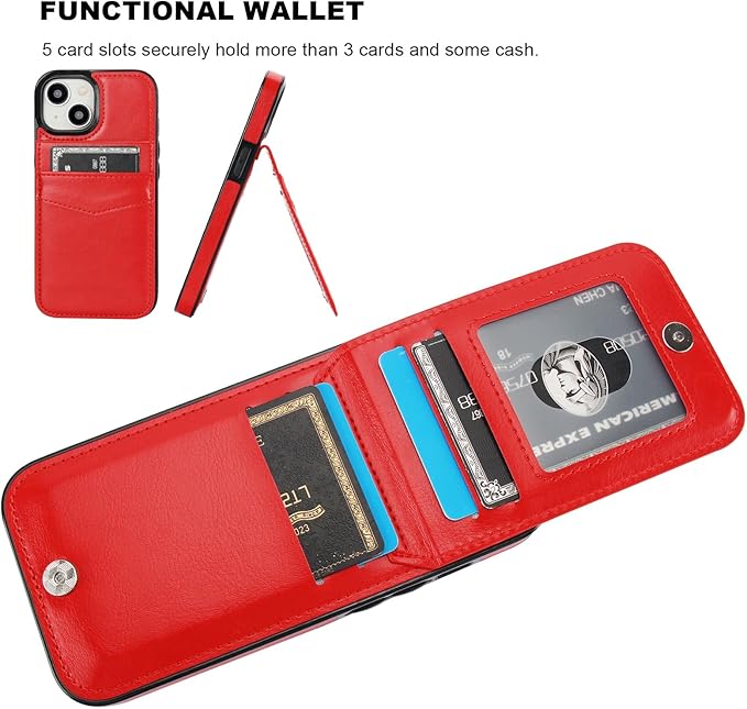 KIHUWEY Compatible with iPhone 15 Case Wallet with Credit Card Holder, Flip Premium Leather Magnetic Clasp Kickstand Heavy Duty Protective Cover for iPhone 15 6.1 Inch (Red)