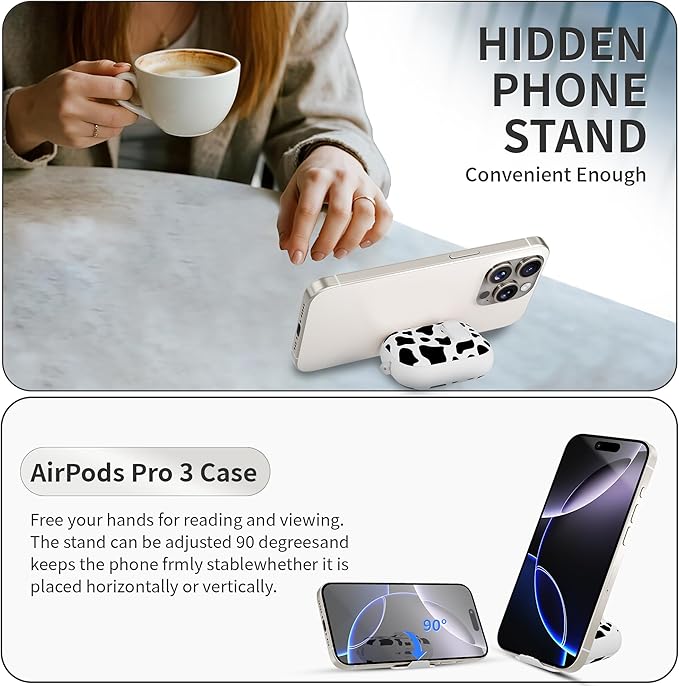 for AirPods Pro 3 Case(2025) with Secure Lock Clip and Phone Stand,Floral Girly Style Protective Cover with Cleaning Kit and Hand Strap for Apple AirPod Pro 3 Generation (White Cow)