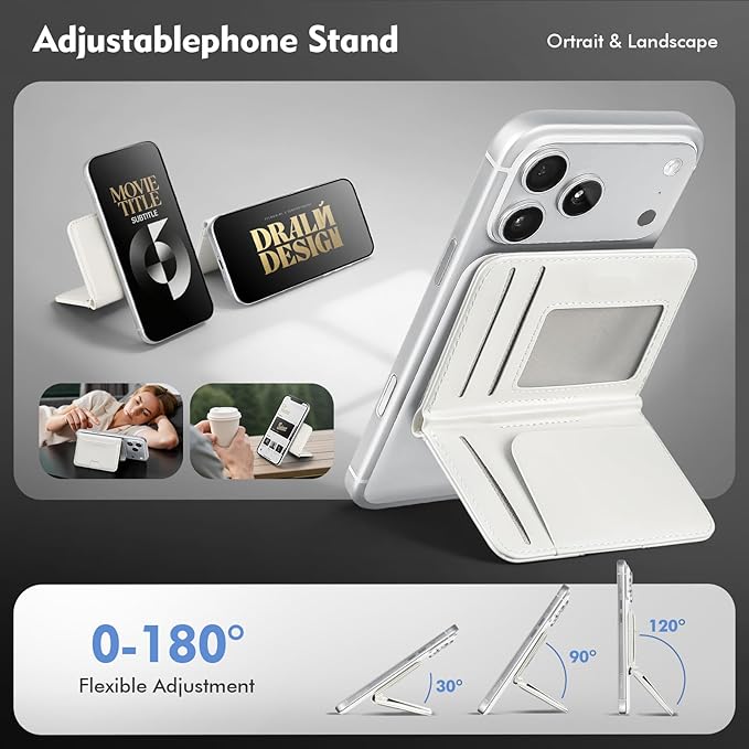 Antsturdy for Magsafe Wallet Stand with Holder,PU Leather RFID Blocking Card Holder,5 Card Slots,Strong Magnet Minimalist Flip Folio Kickstand for iPhone 17/16/15/14/13/12/Pro/Max/Plus/Air,White