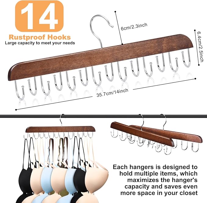 2 Pack Bra and Tank Top Closet Organizer Hanger, Foldable Wooden Space-Saving Hanger with 14 Hooks, Bra Hangers for Closet Organizer，Premium Closet Organizers and Storage for Dorm & Apartment (Brown)