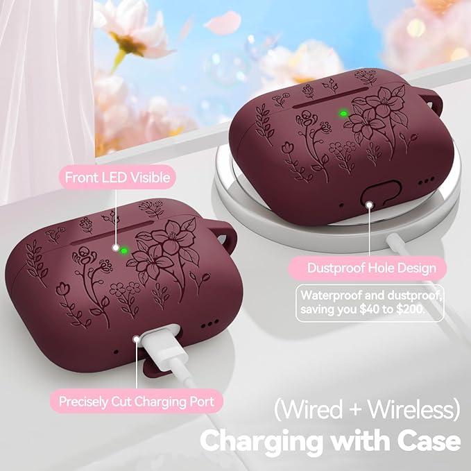 for Airpods Pro 3 Case, Flower Engraved Case Cover Compatible with AirPods Pro 3rd Generation 2025, Soft Silicone Cases with Cute Keychain & Cleaner for Women Girly, Shockproof
