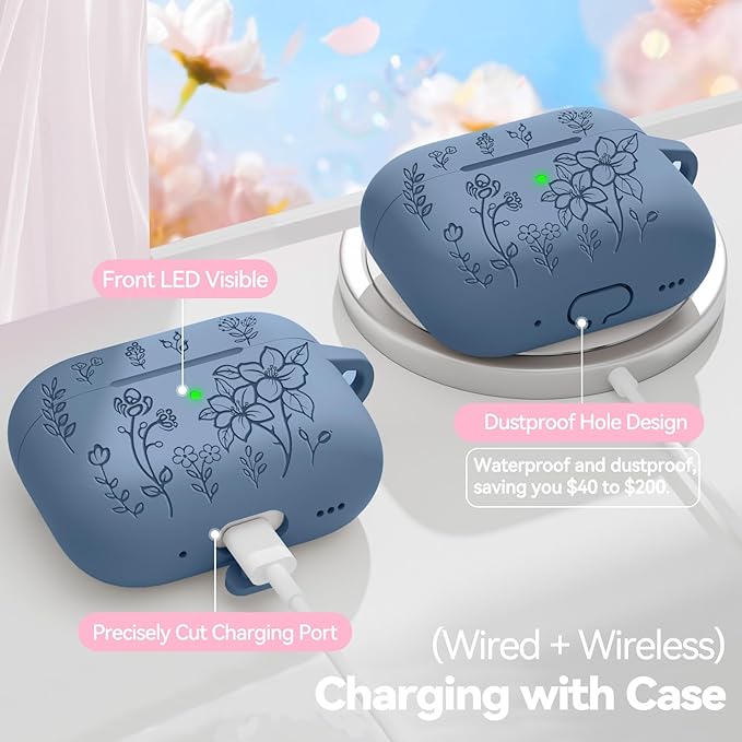 for Airpods Pro 3 Case, Flower Engraved Case Cover Compatible with AirPods Pro 3rd Generation 2025, Soft Silicone Cases with Cute Keychain & Cleaner for Women Girly, Shockproof