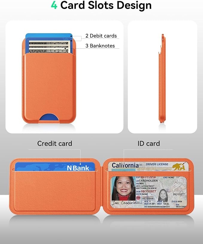 for MagSafe Wallet with Stand, 5 Card Holder, Slim Leather Magnetic Wallet for iPhone 17/16/15/14/13/12 Pro Max Plus Air Series, 3 Card Slots & 1 Cash Slot,Orange