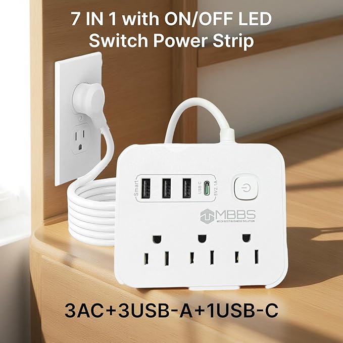 10 Ft Surge Protector Power Strip with USB C, 1200J Protection, Heavy Duty Extension Cord – (7-in-1) 3 AC Outlets, 4 USB Ports, LED On/Off Switch – Compact & Travel Friendly – Home, Office.