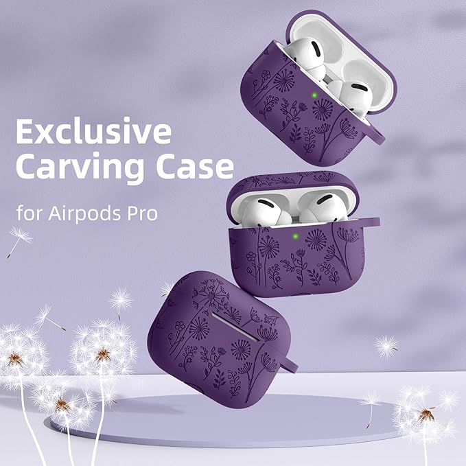 Lerobo Flower Engraved Case for Airpod Pro/Airpod Pro 2, Cute Silicone Skin Full Protective Cover Compatible with Apple Airpods Pro 2nd/1st Generation with Keychain Purple