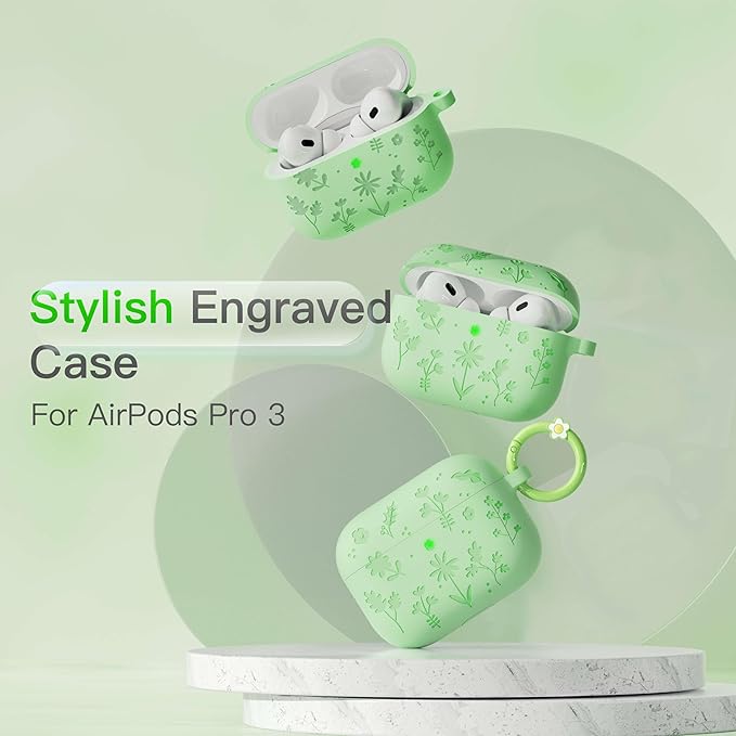 for AirPods Pro 3 Case (2025) DamonLight Floral Engraved Shockproof Protective Soft Silicone Case Cover with Cleaning Pen and Floral Keychain for Apple Airpods Pro 3rd Generation (Avocado Green)