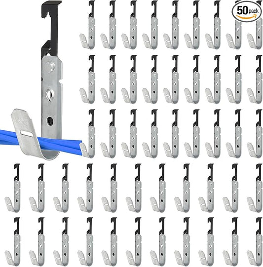 50 Pcs Metal J Hooks Cable Support 3/4 Inch j Hook Hangers, Wall Mounted Galvanized Cable Support J Hooks for Hanging, J Hook with Bat Wing for Wire Management
